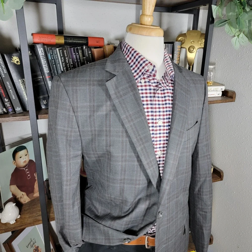 Stafford Men's Sport Coat Blazer Two Button Gray Brown Plaid Classic‎ Fit Sz 44R